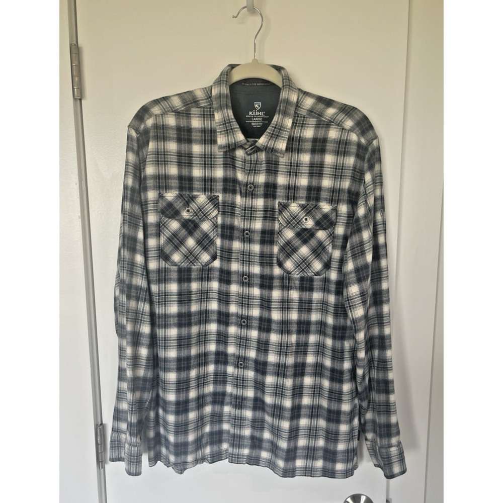 Kuhl Men's L Blue Gray Plaid Dillingr Flannel Camping Hiking Shirt Style 7186
